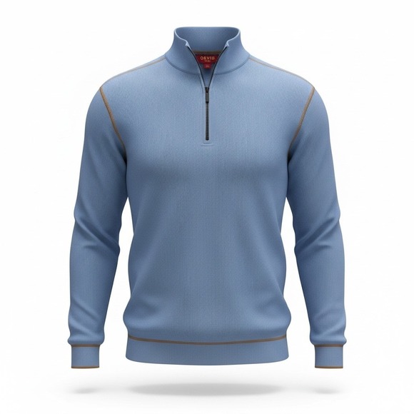 Orvis Other - Orvis Mens Quarter Zip Pullover Sweater Blue Ribbed Cotton Flatlock Stitch Med